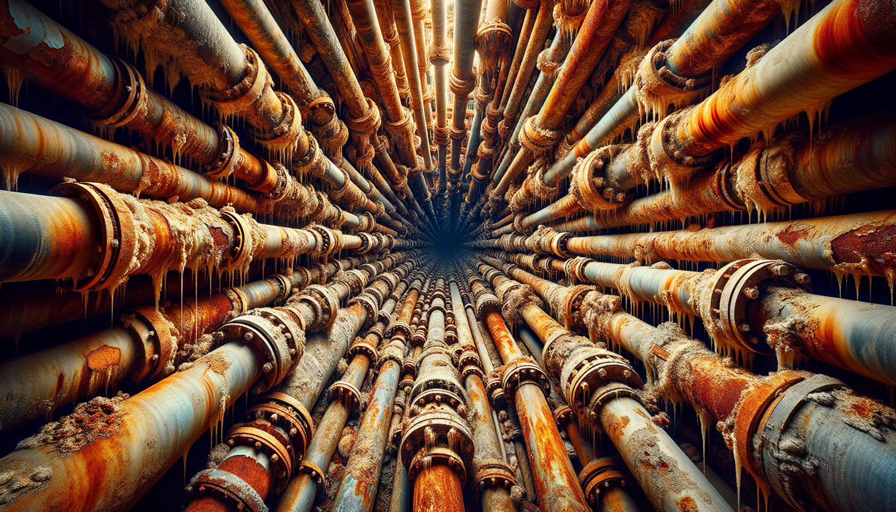 A close-up, high-definition image of heavily corroded pipes in an older Nevada building, demonstrating the impact of aging infrastructure, no text overlays.