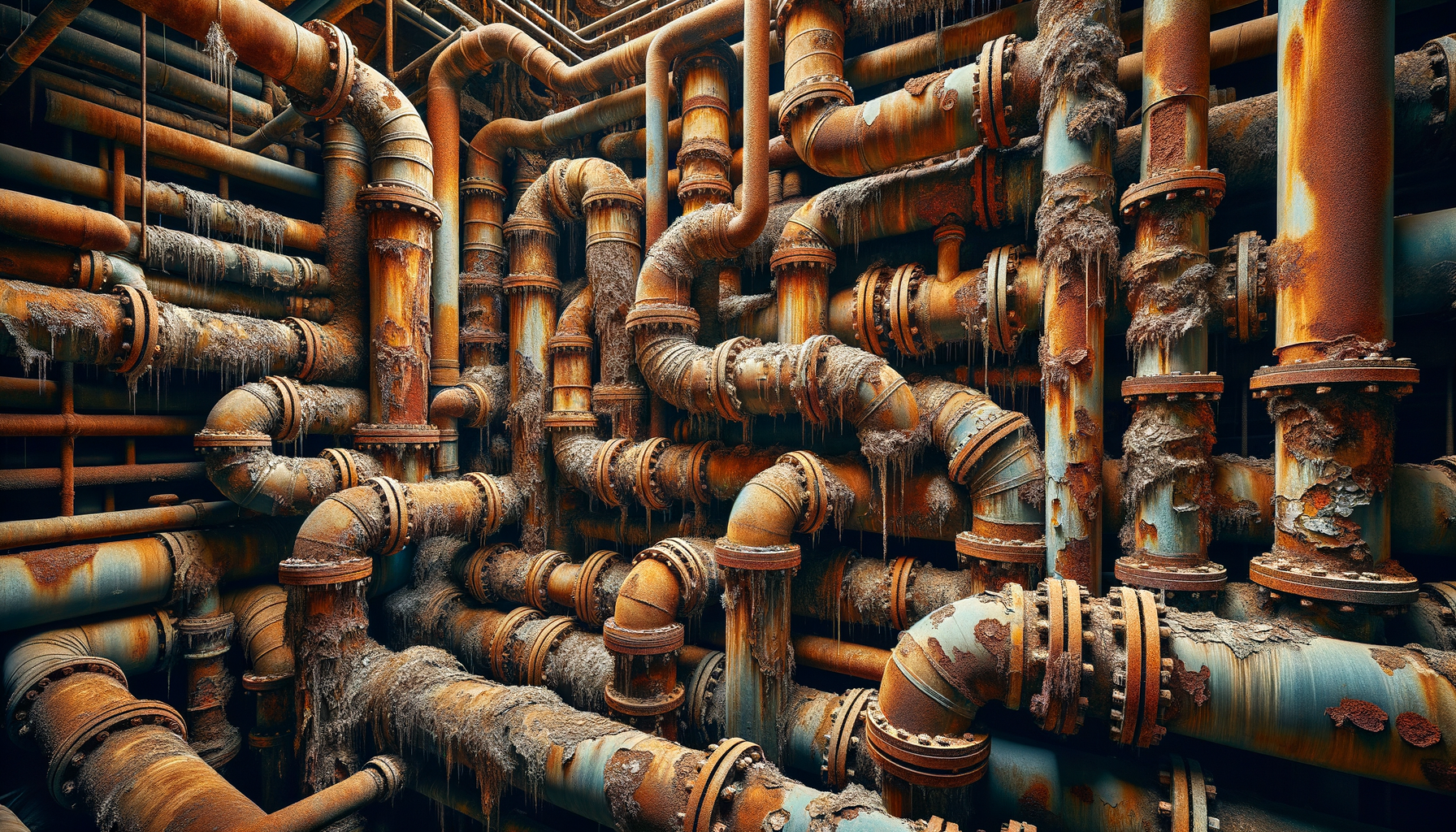 A close-up, high-definition image of heavily corroded pipes in an older New Hampshire building, demonstrating the impact of aging infrastructure, no text overlays.