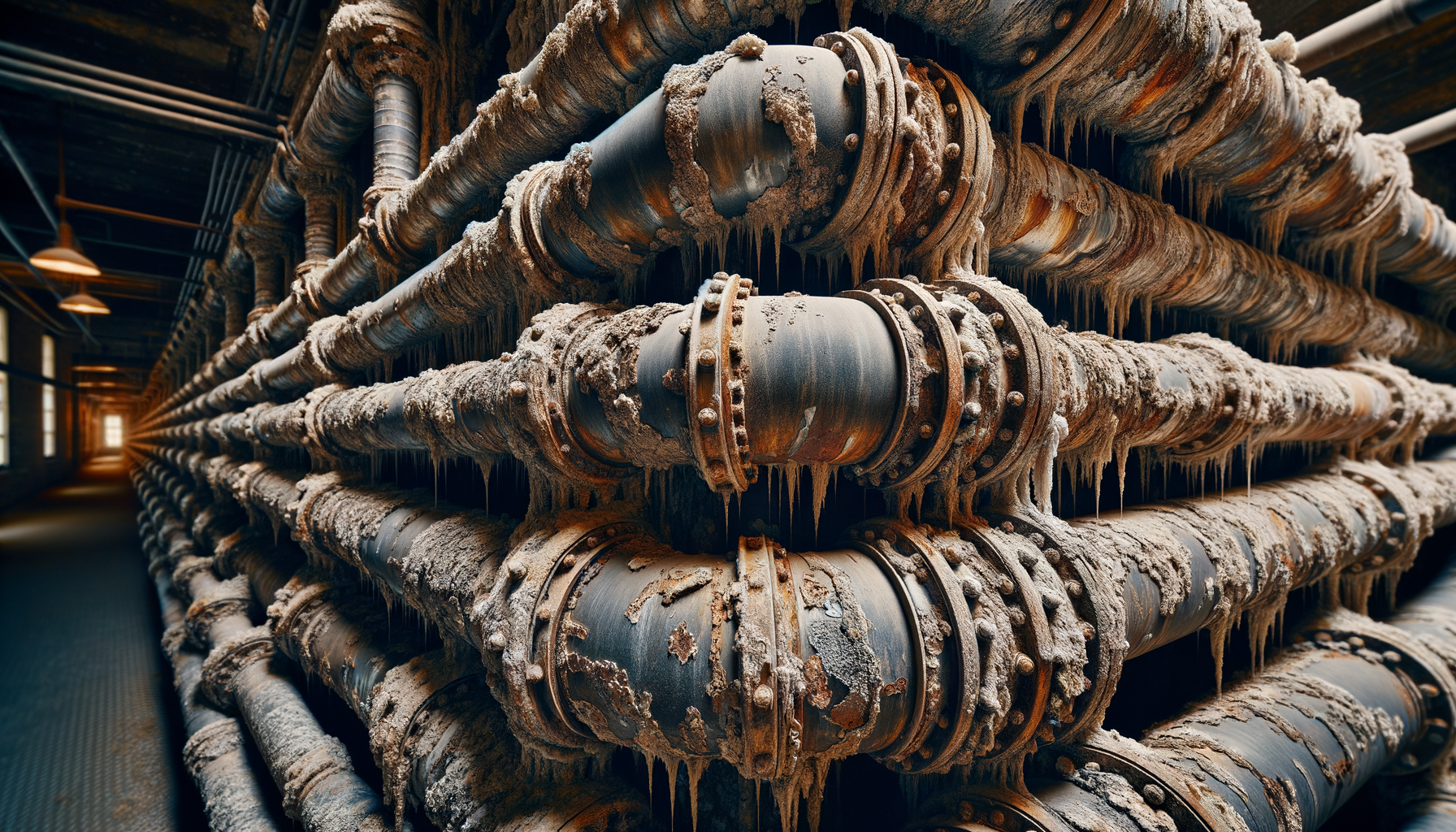 A close-up, high-definition image of heavily corroded pipes in an older Wisconsin building, demonstrating the impact of aging infrastructure, no text overlays.