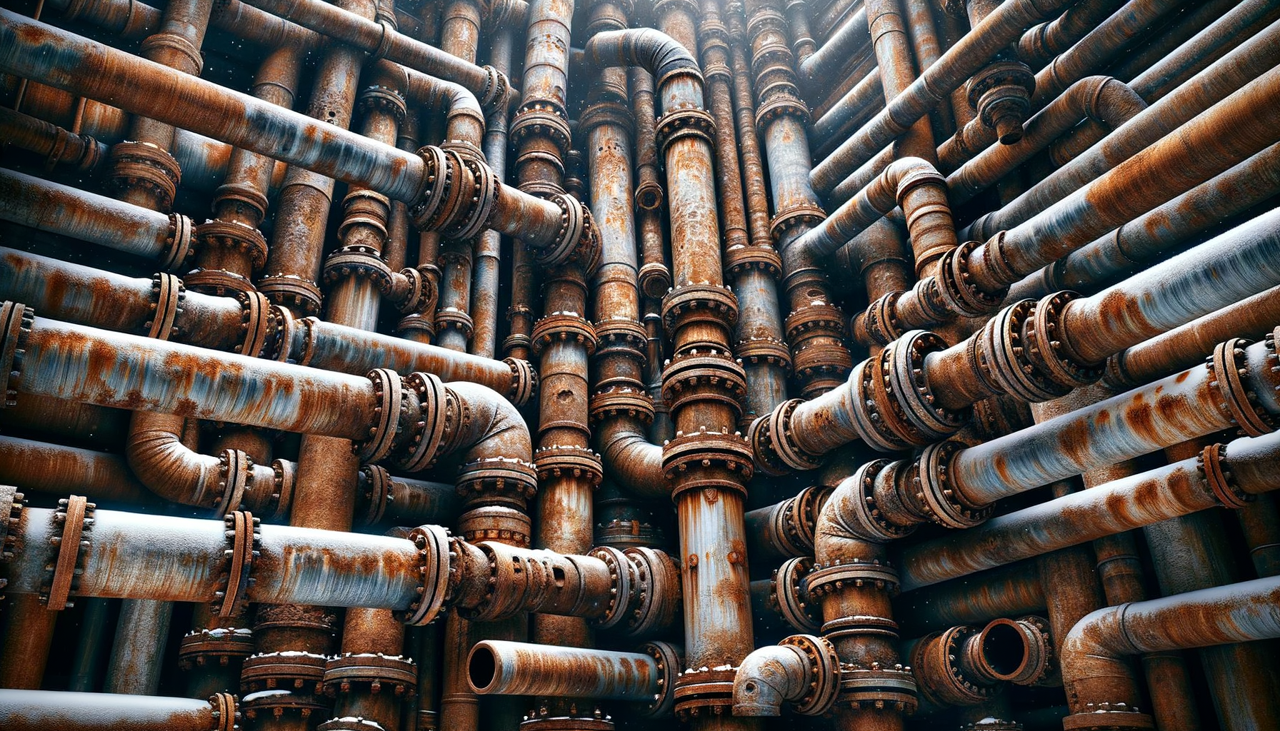 A close-up, high-definition image of heavily corroded pipes in an older Montana building, demonstrating the impact of aging infrastructure, no text overlays.