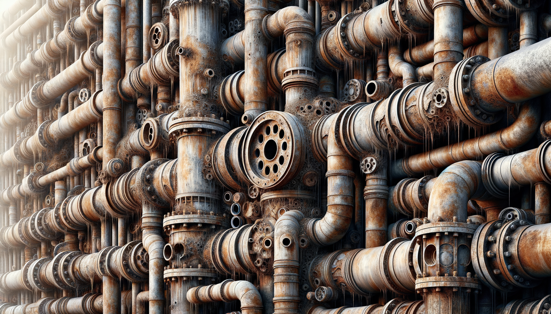 A close-up, high-definition image of heavily corroded pipes in an older Arkansas building, demonstrating the impact of aging infrastructure, no text overlays.