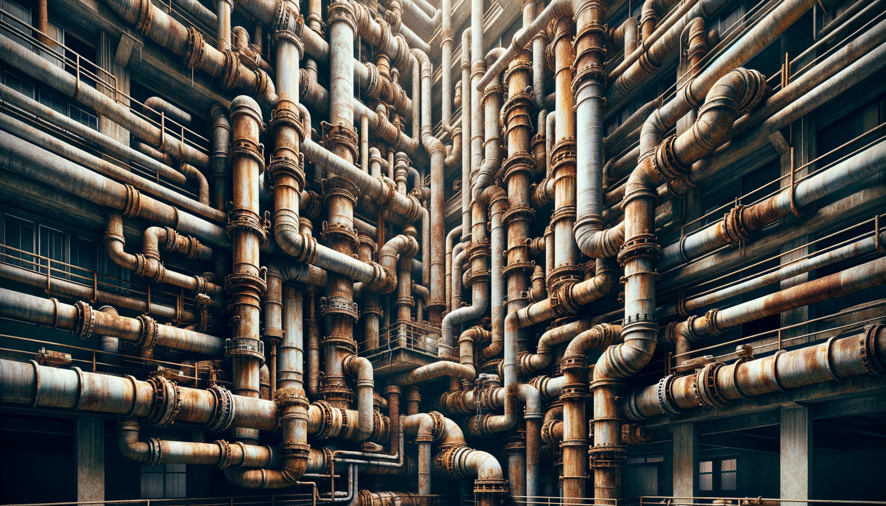 A close-up, high-definition image of heavily corroded pipes in an older Hawaii building, demonstrating the impact of aging infrastructure, no text overlays.