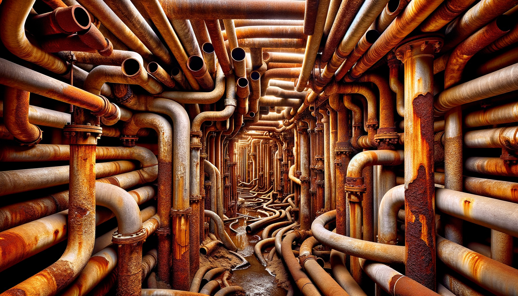 A close-up, high-definition image of heavily corroded pipes in an older Nebraska building, demonstrating the impact of aging infrastructure, no text overlays.