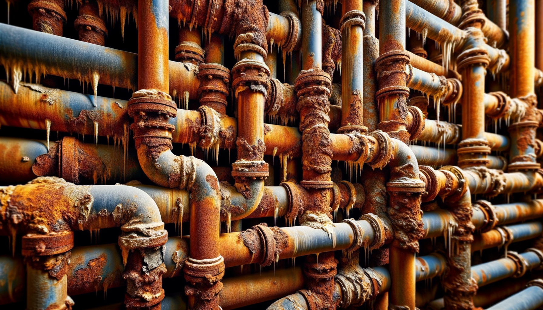 A close-up, high-definition image of heavily corroded pipes in an older Alaska building, demonstrating the impact of aging infrastructure, no text overlays.