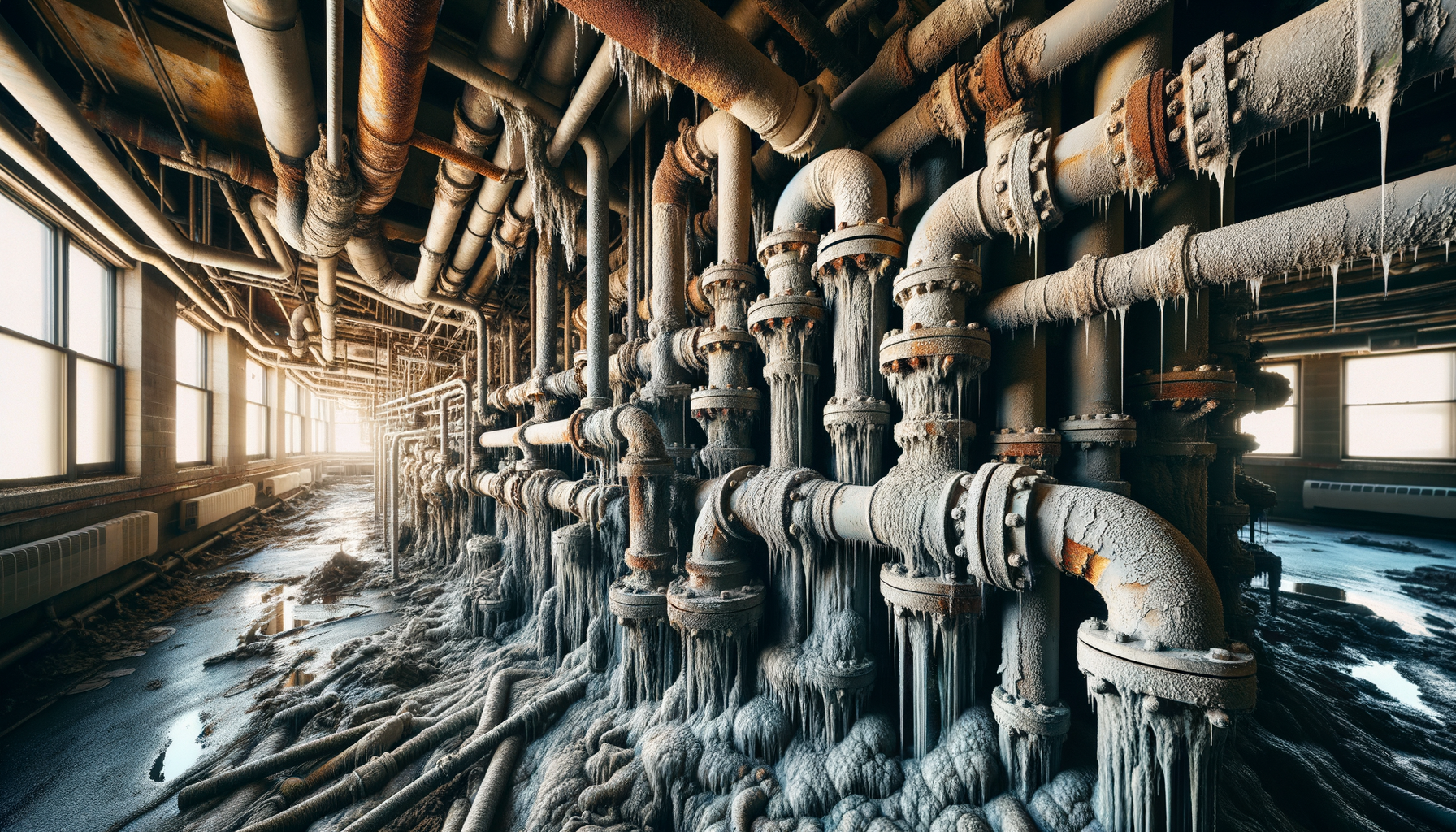 A close-up, high-definition image of heavily corroded pipes in an older Idaho building, demonstrating the impact of aging infrastructure, no text overlays.