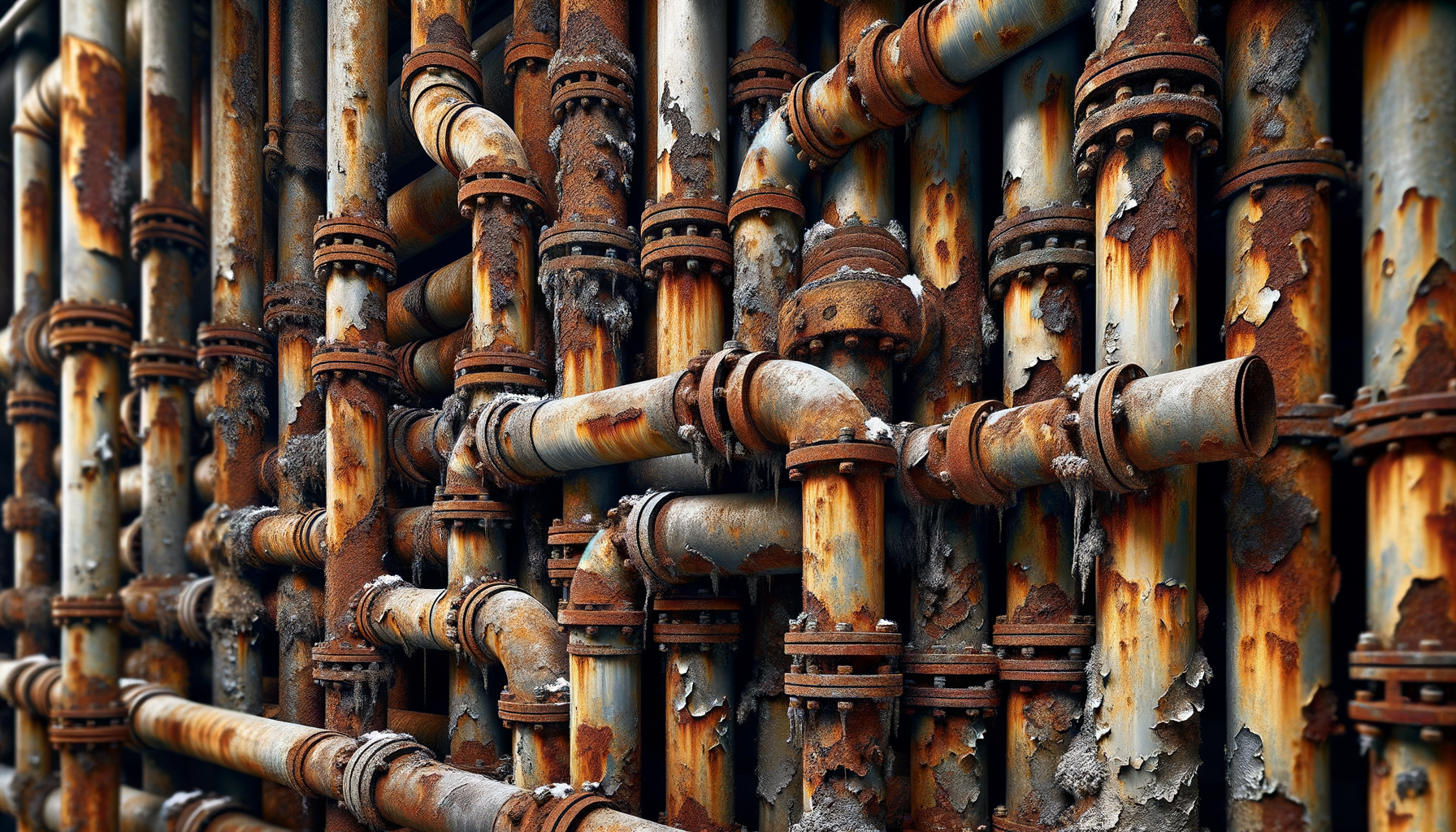 A close-up, high-definition image of heavily corroded pipes in an older Maine building, demonstrating the impact of aging infrastructure, no text overlays.