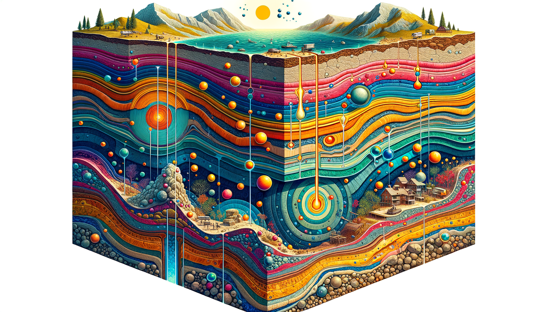 A stylized cross-sectional diagram of Delaware's geology and aquifers, showing groundwater flow and natural springs, no text or labels.