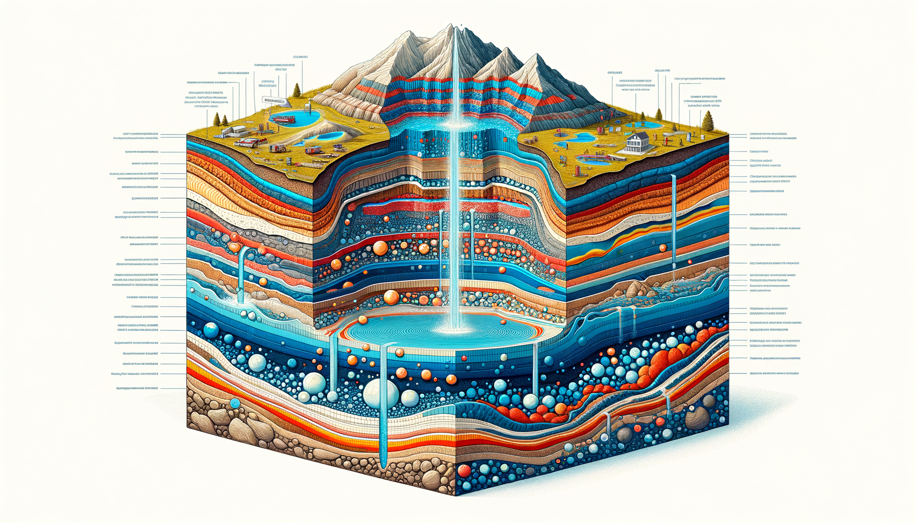 A stylized cross-sectional diagram of Mississippi's geology and aquifers, showing groundwater flow and natural springs, no text or labels.