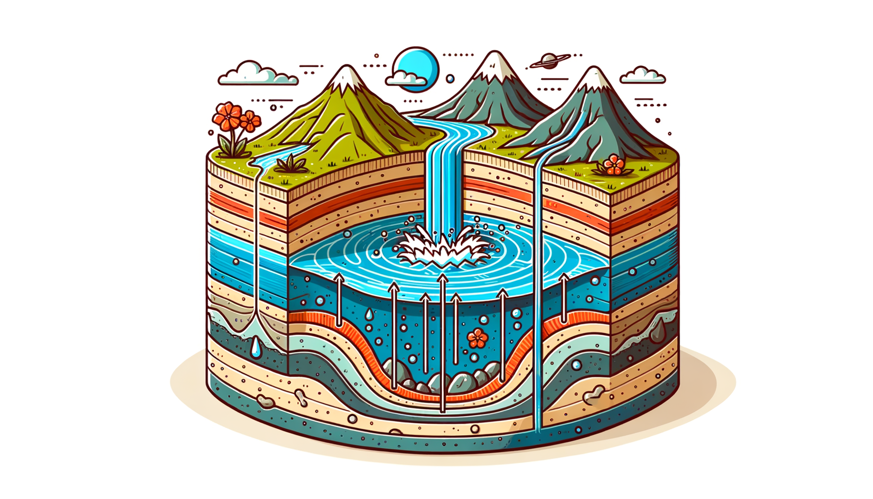 A stylized cross-sectional diagram of Hawaii's geology and aquifers, showing groundwater flow and natural springs, no text or labels.