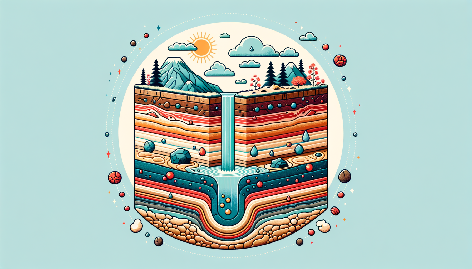 A stylized cross-sectional diagram of Alabama's geology and aquifers, showing groundwater flow and natural springs, no text or labels.