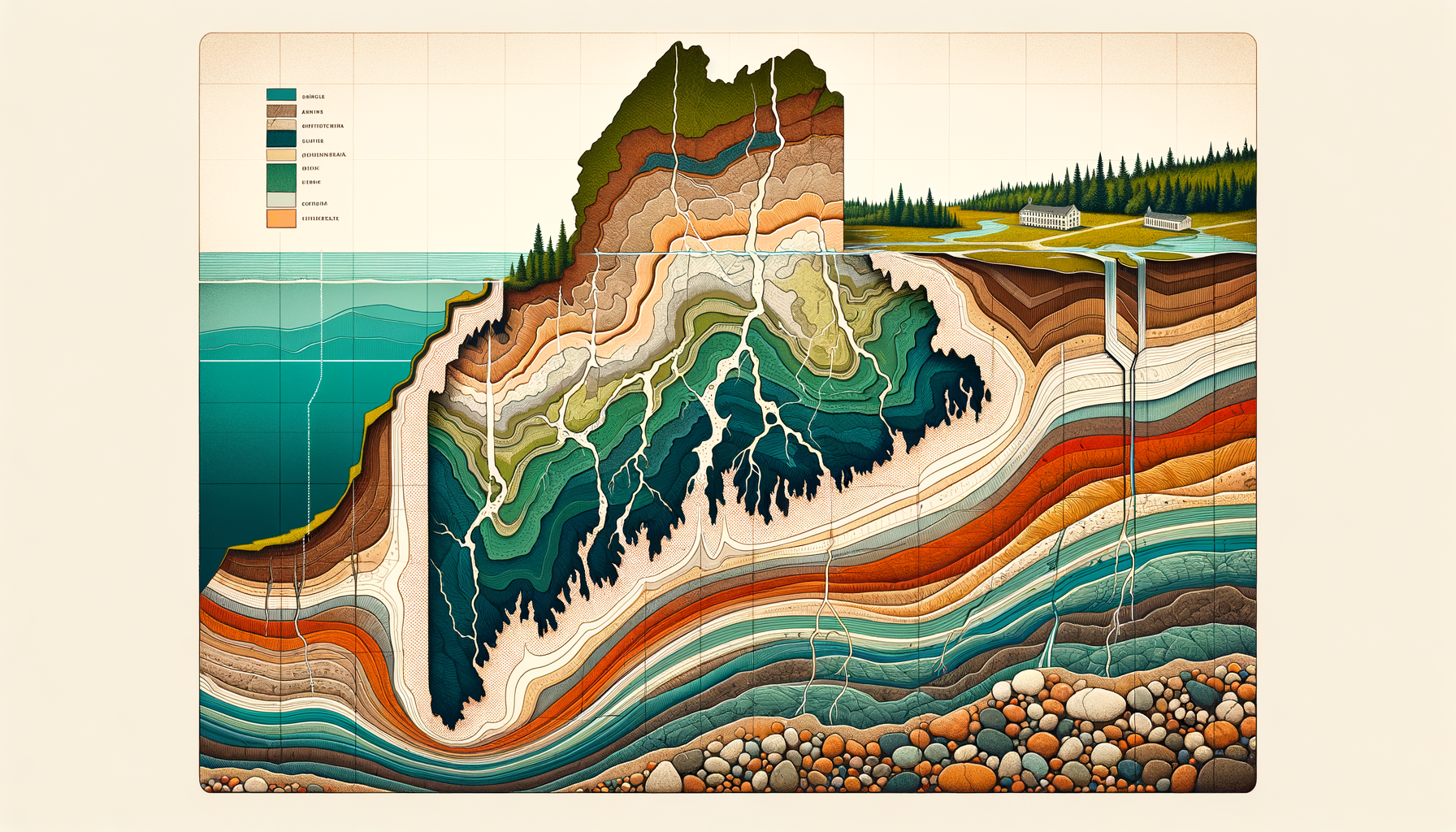 A stylized cross-sectional diagram of Maine's geology and aquifers, showing groundwater flow and natural springs, no text or labels.