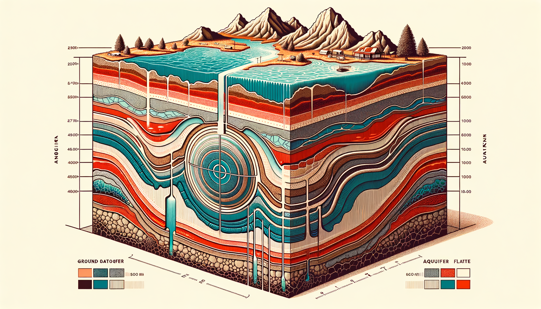 A stylized cross-sectional diagram of Arkansas's geology and aquifers, showing groundwater flow and natural springs, no text or labels.