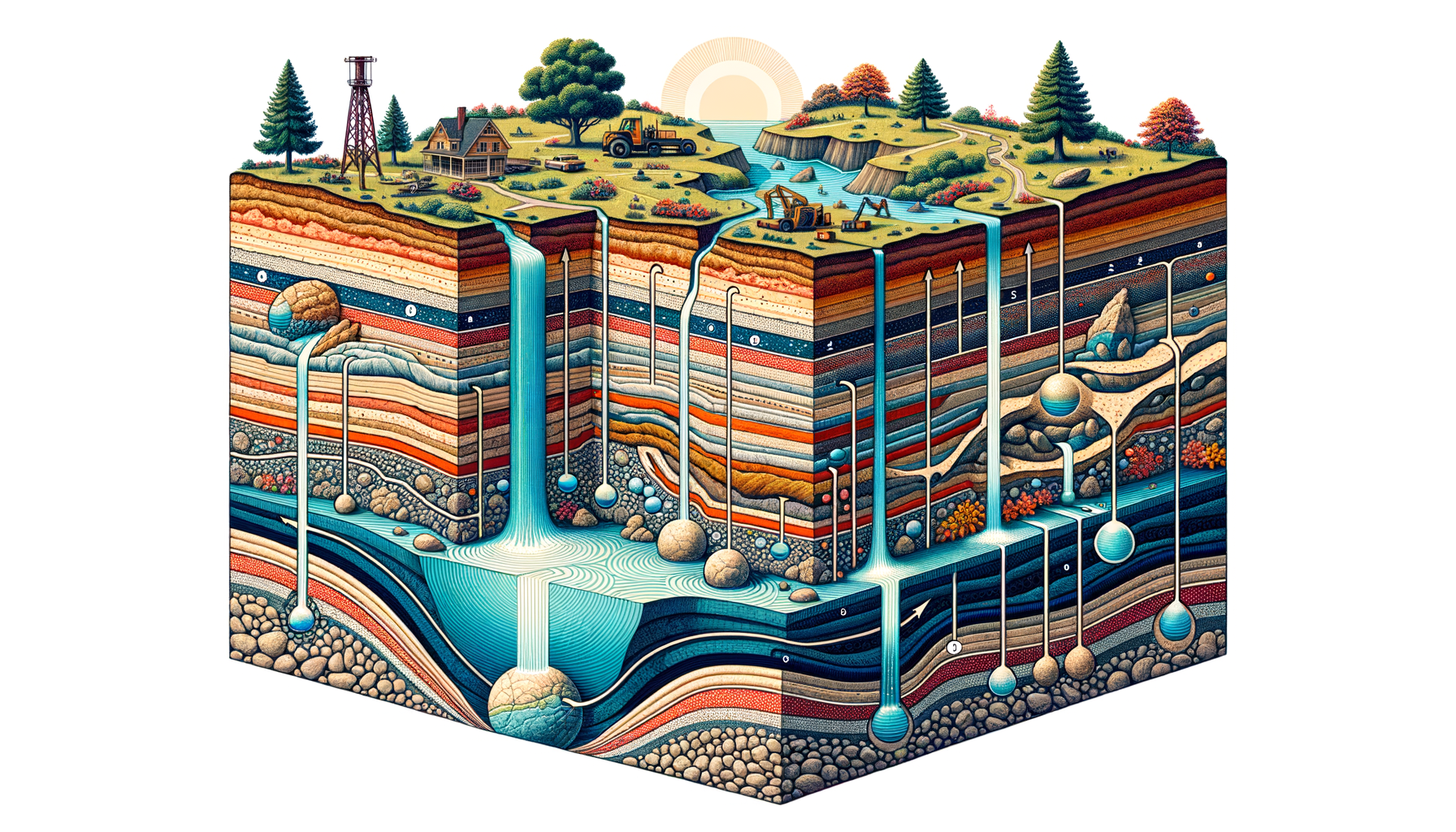 A stylized cross-sectional diagram of Ohio's geology and aquifers, showing groundwater flow and natural springs, no text or labels.