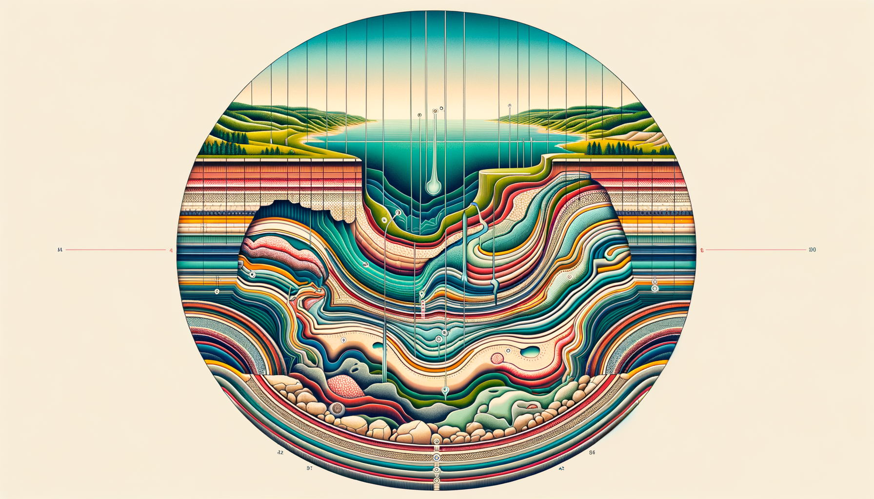 A stylized cross-sectional diagram of Wisconsin's geology and aquifers, showing groundwater flow and natural springs, no text or labels.