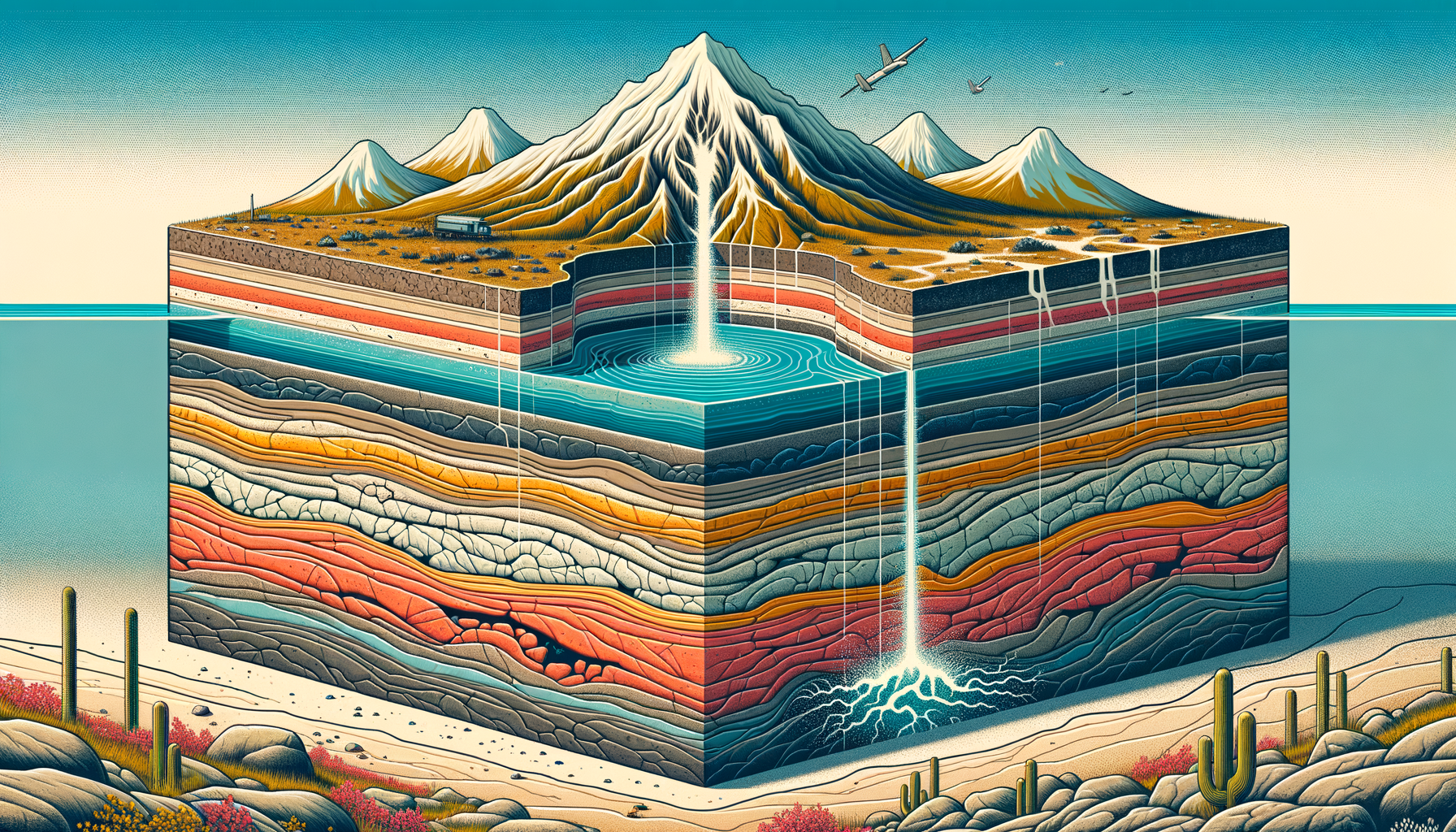 A stylized cross-sectional diagram of Texas's geology and aquifers, showing groundwater flow and natural springs, no text or labels.