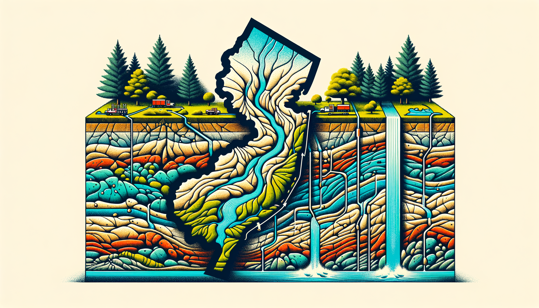 A stylized cross-sectional diagram of New Jersey's geology and aquifers, showing groundwater flow and natural springs, no text or labels.