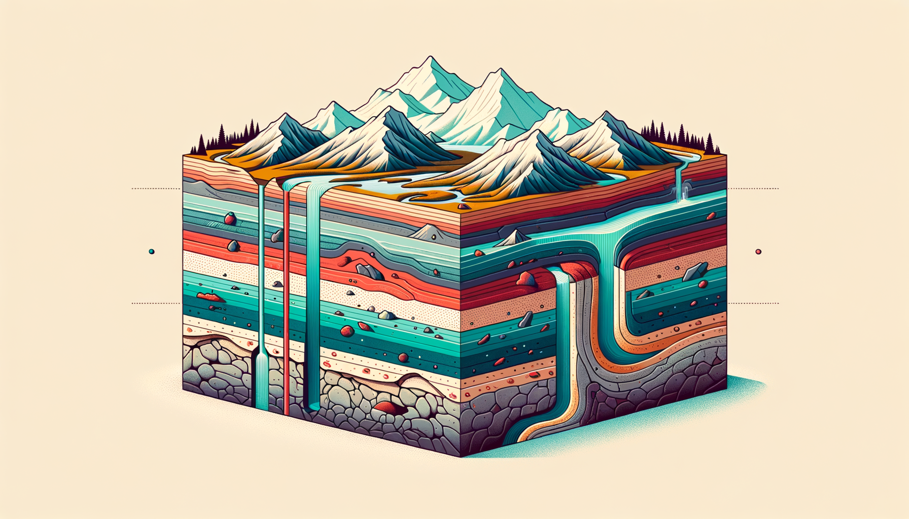 A stylized cross-sectional diagram of Alaska's geology and aquifers, showing groundwater flow and natural springs, no text or labels.