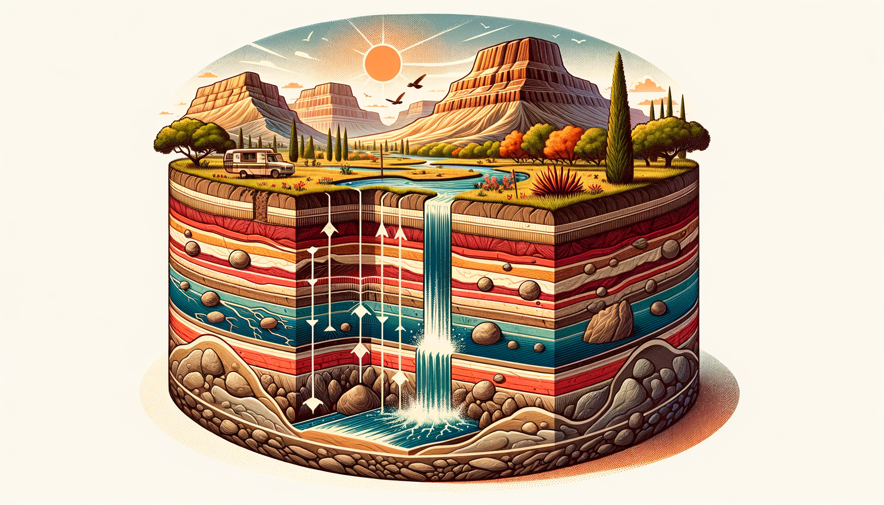 A stylized cross-sectional diagram of New Mexico's geology and aquifers, showing groundwater flow and natural springs, no text or labels.