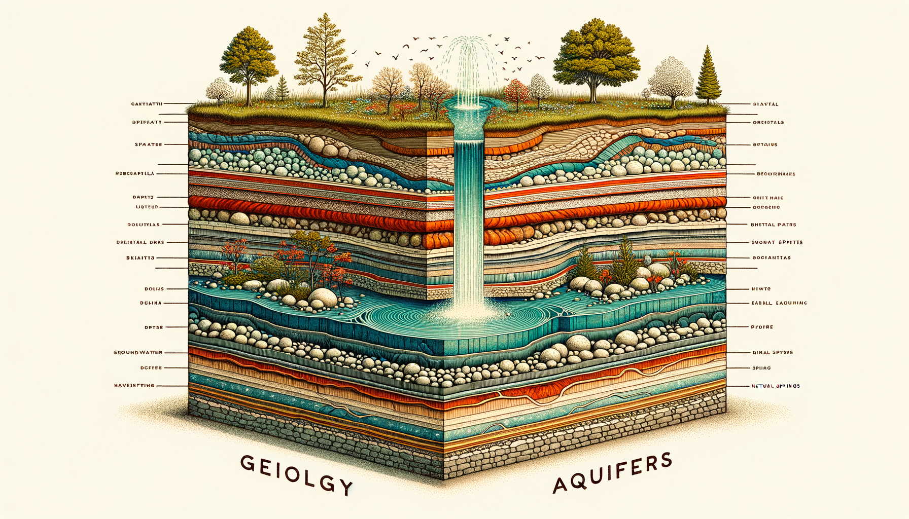 A stylized cross-sectional diagram of Connecticut's geology and aquifers, showing groundwater flow and natural springs, no text or labels.