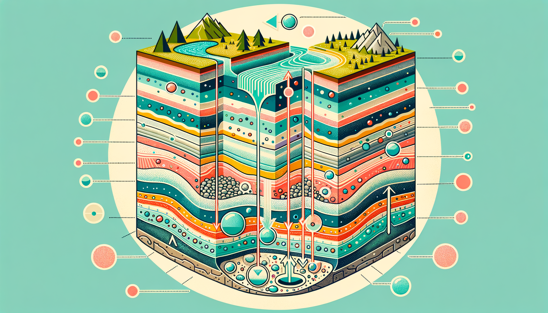 A stylized cross-sectional diagram of Oregon's geology and aquifers, showing groundwater flow and natural springs, no text or labels.