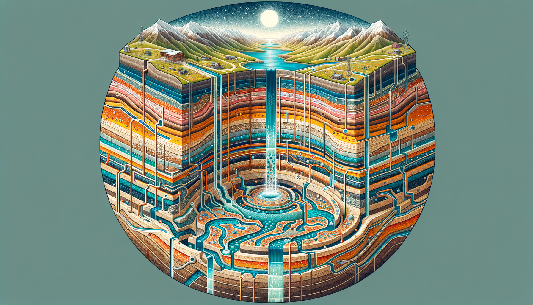 A stylized cross-sectional diagram of Nevada's geology and aquifers, showing groundwater flow and natural springs, no text or labels.