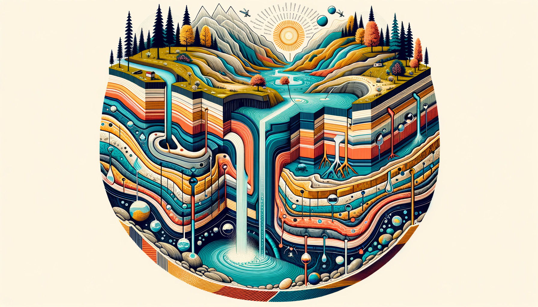 A stylized cross-sectional diagram of New Hampshire's geology and aquifers, showing groundwater flow and natural springs, no text or labels.