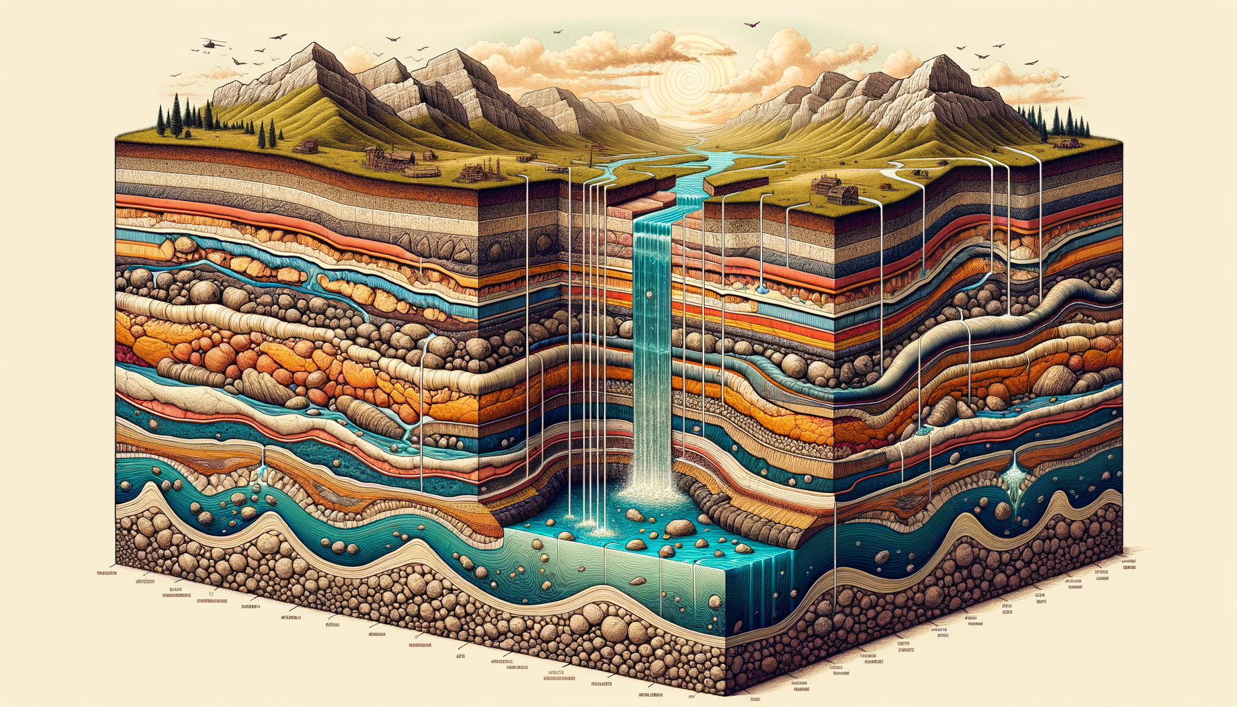 A stylized cross-sectional diagram of Missouri's geology and aquifers, showing groundwater flow and natural springs, no text or labels.