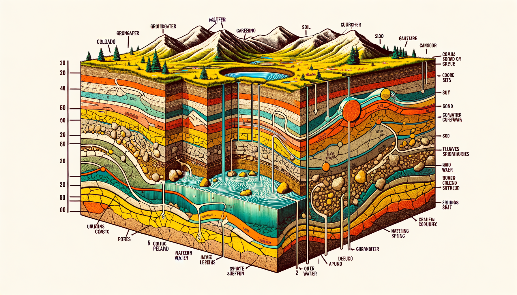 A stylized cross-sectional diagram of Colorado's geology and aquifers, showing groundwater flow and natural springs, no text or labels.