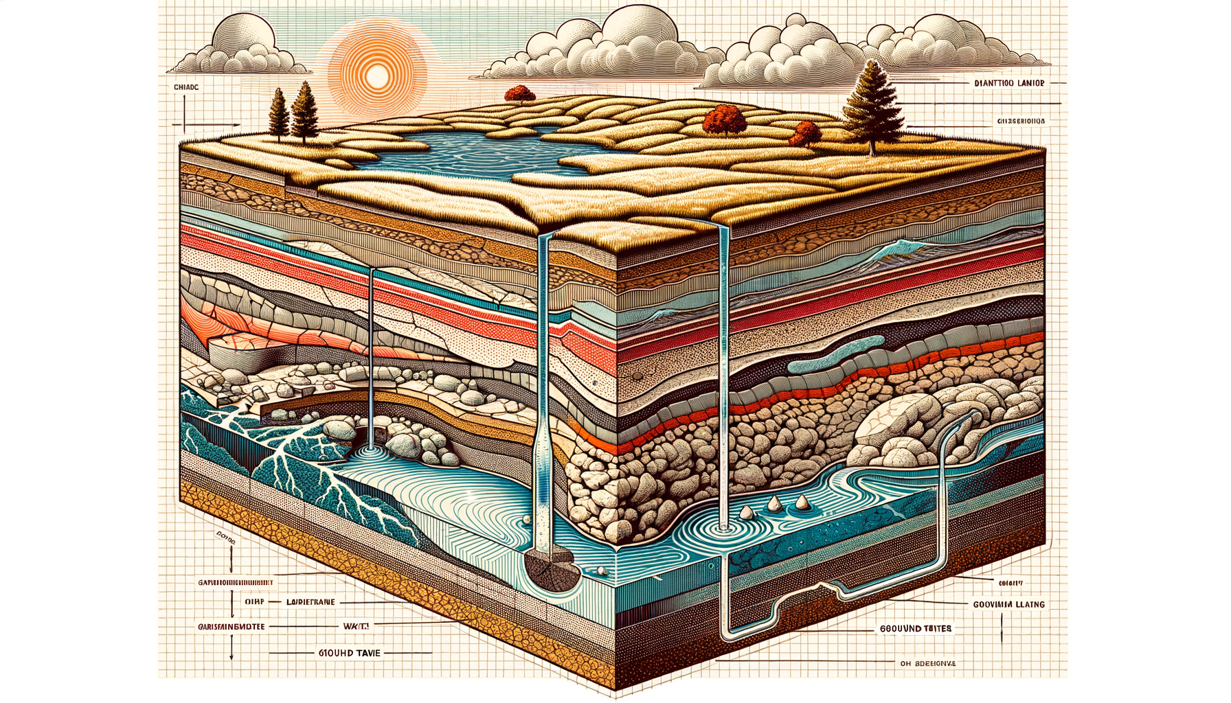 A stylized cross-sectional diagram of Kansas's geology and aquifers, showing groundwater flow and natural springs, no text or labels.