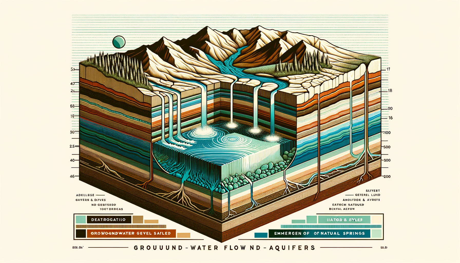 A stylized cross-sectional diagram of Idaho's geology and aquifers, showing groundwater flow and natural springs, no text or labels.