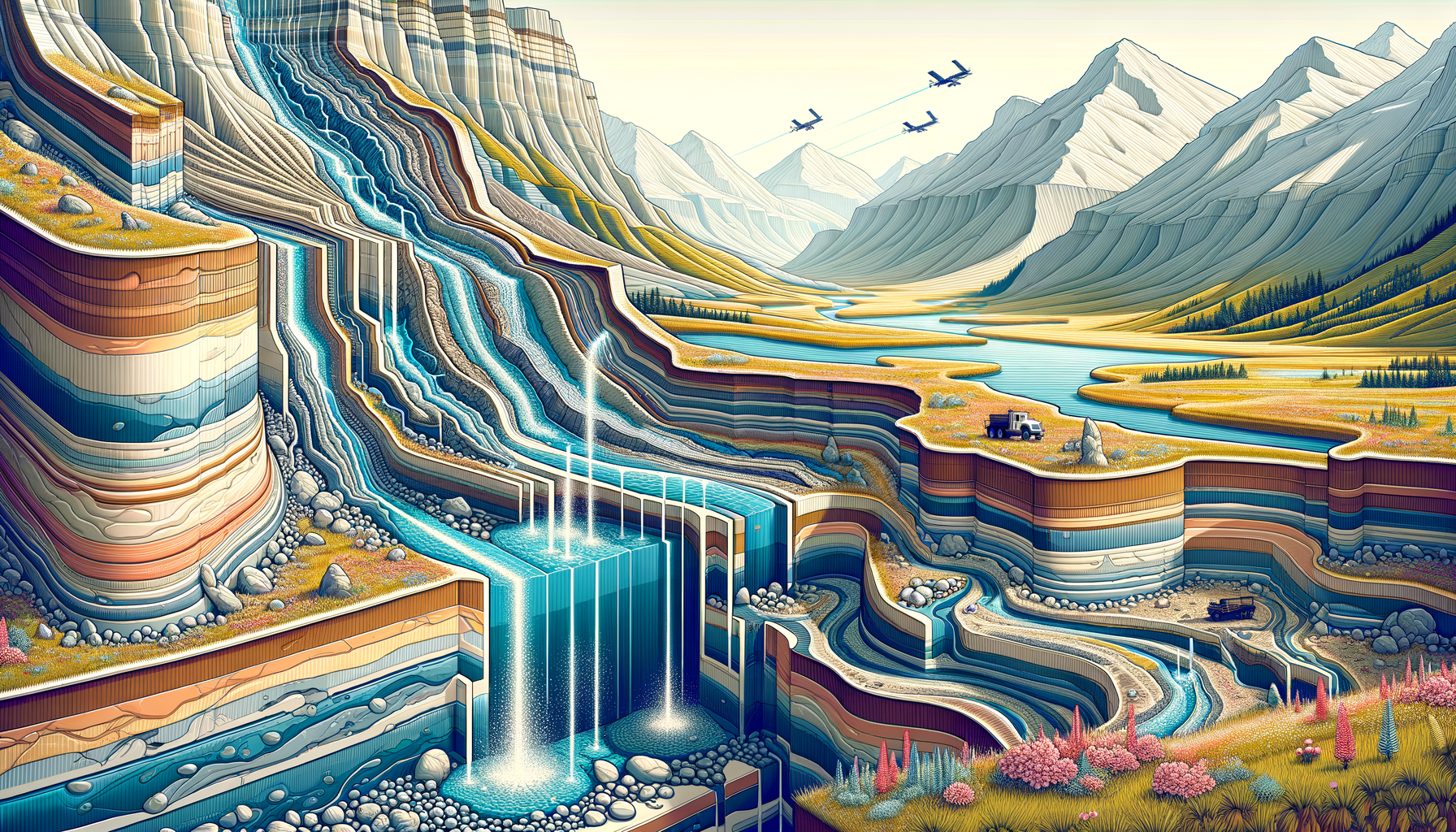 A stylized cross-sectional diagram of Montana's geology and aquifers, showing groundwater flow and natural springs, no text or labels.