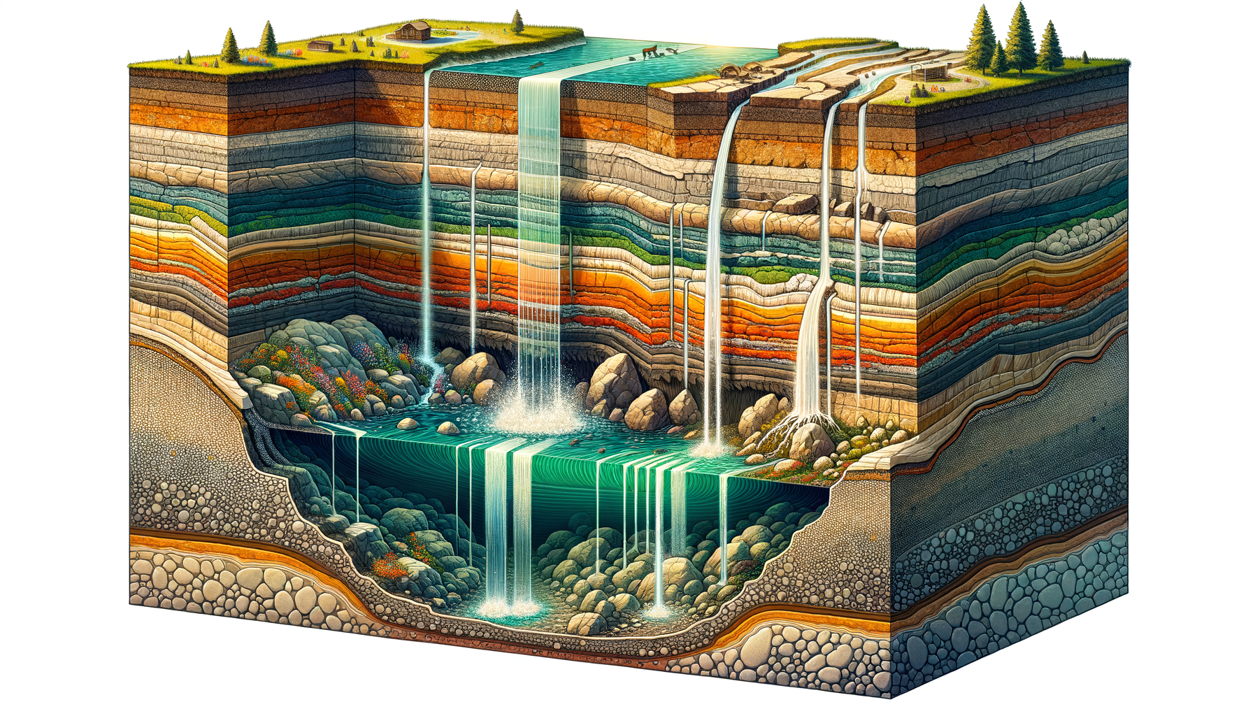 A stylized cross-sectional diagram of Pennsylvania's geology and aquifers, showing groundwater flow and natural springs, no text or labels.