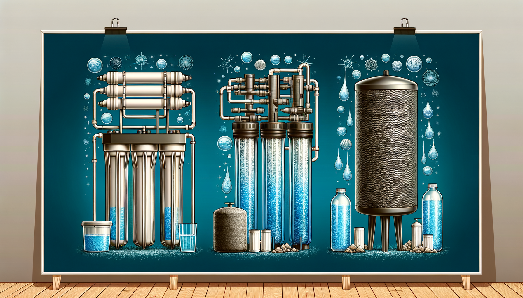 A side-by-side comparison graphic of three water filtration systems effective in Texas—reverse osmosis, activated carbon, and whole-house—no text or branding.