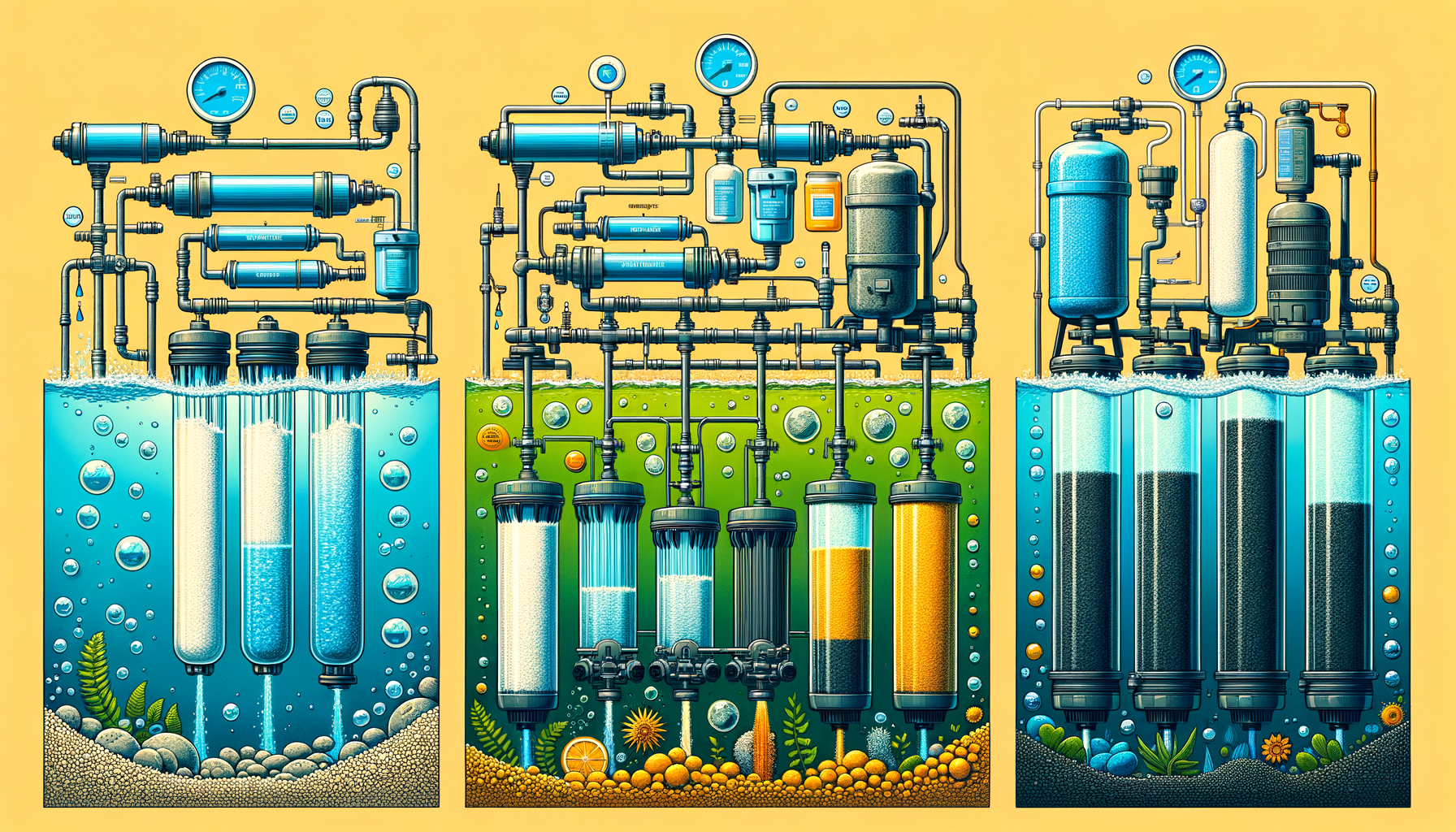 A side-by-side comparison graphic of three water filtration systems effective in Wisconsin—reverse osmosis, activated carbon, and whole-house—no text or branding.