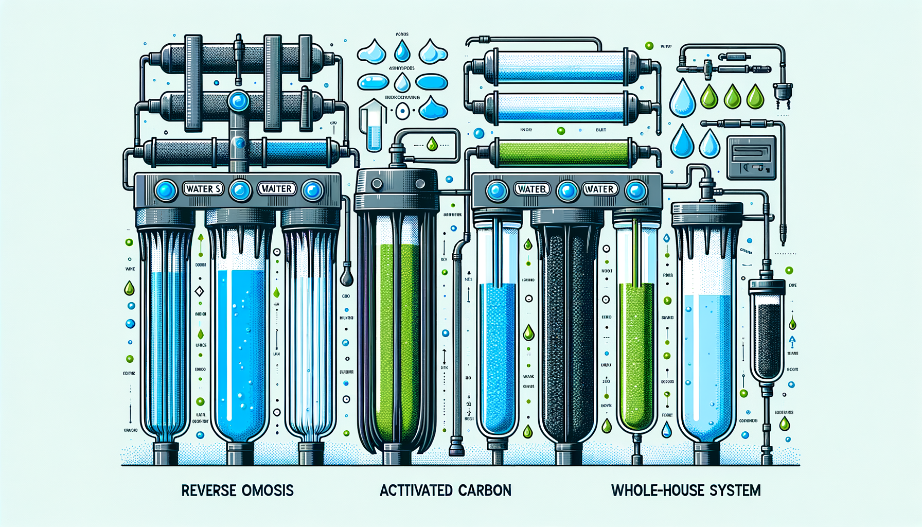 A side-by-side comparison graphic of three water filtration systems effective in Pennsylvania—reverse osmosis, activated carbon, and whole-house—no text or branding.