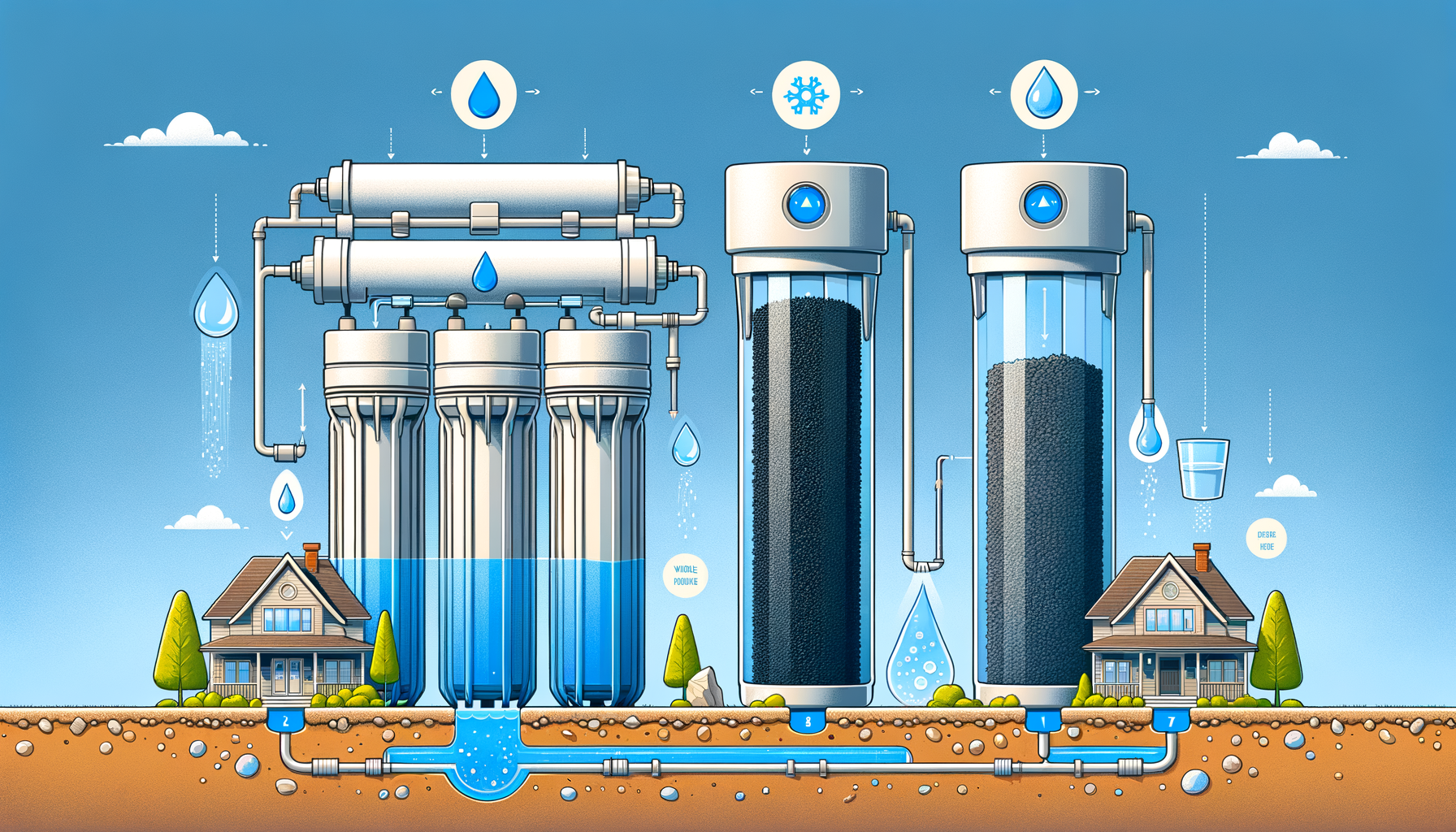 A side-by-side comparison graphic of three water filtration systems effective in Mississippi—reverse osmosis, activated carbon, and whole-house—no text or branding.