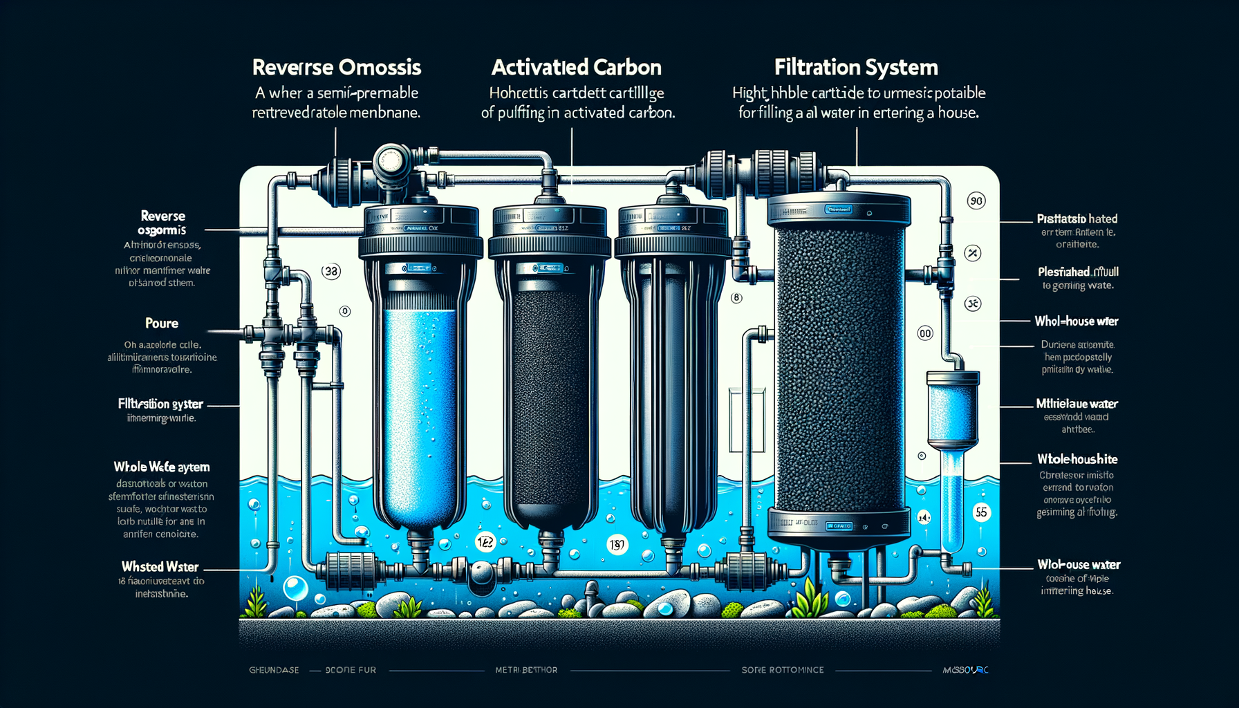 A side-by-side comparison graphic of three water filtration systems effective in Missouri—reverse osmosis, activated carbon, and whole-house—no text or branding.