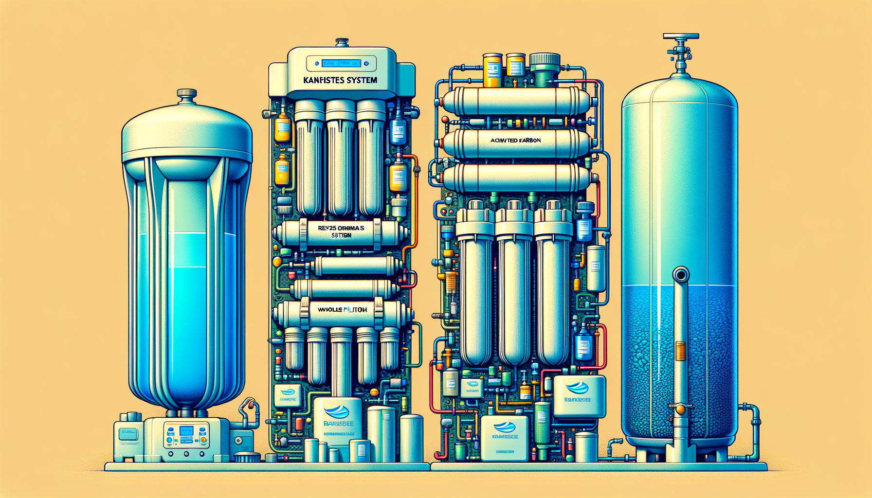 A side-by-side comparison graphic of three water filtration systems effective in Kansas—reverse osmosis, activated carbon, and whole-house—no text or branding.