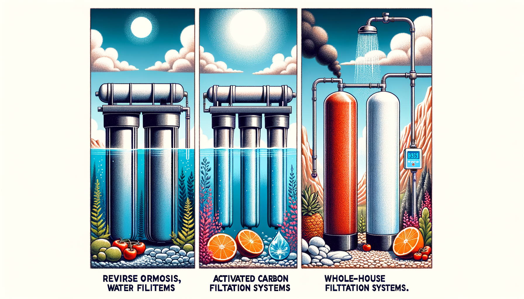 A side-by-side comparison graphic of three water filtration systems effective in Idaho—reverse osmosis, activated carbon, and whole-house—no text or branding.