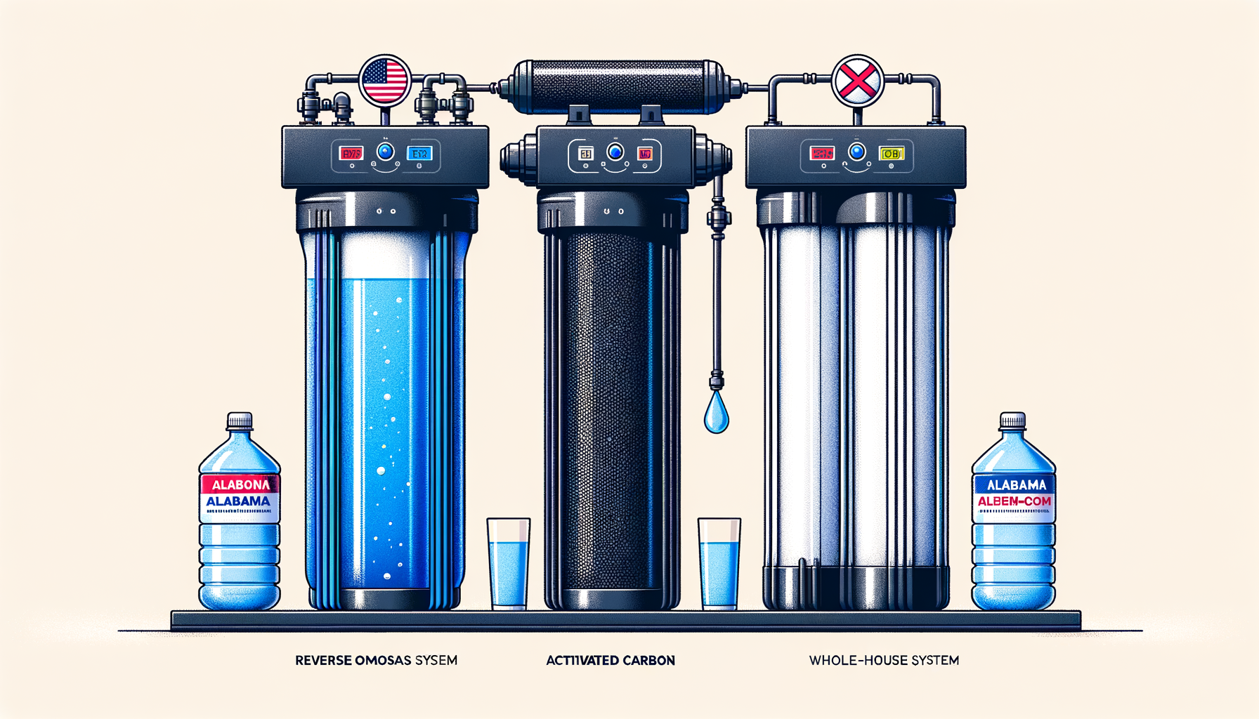 A side-by-side comparison graphic of three water filtration systems effective in Alabama—reverse osmosis, activated carbon, and whole-house—no text or branding.