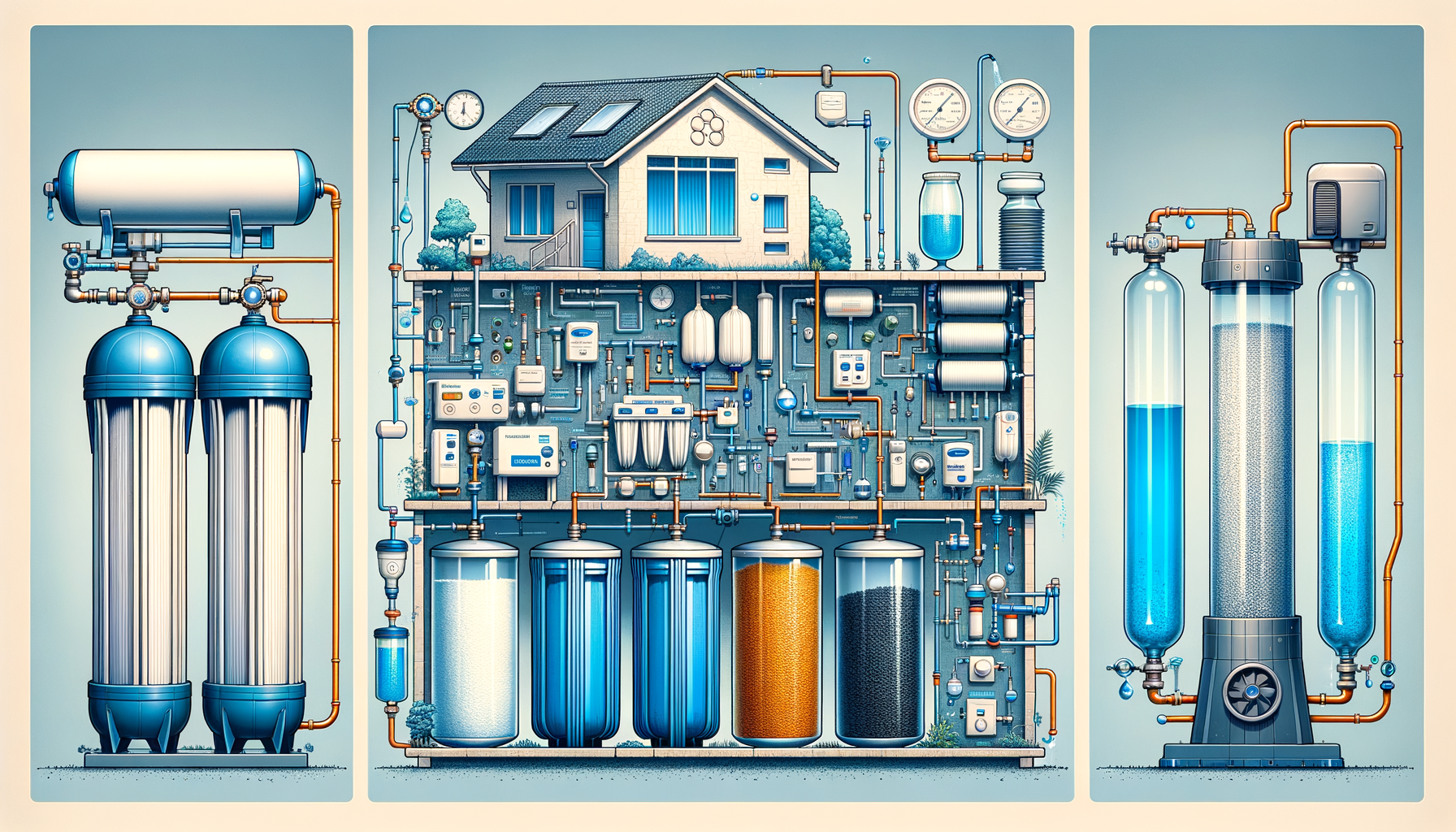 A side-by-side comparison graphic of three water filtration systems effective in Hawaii—reverse osmosis, activated carbon, and whole-house—no text or branding.