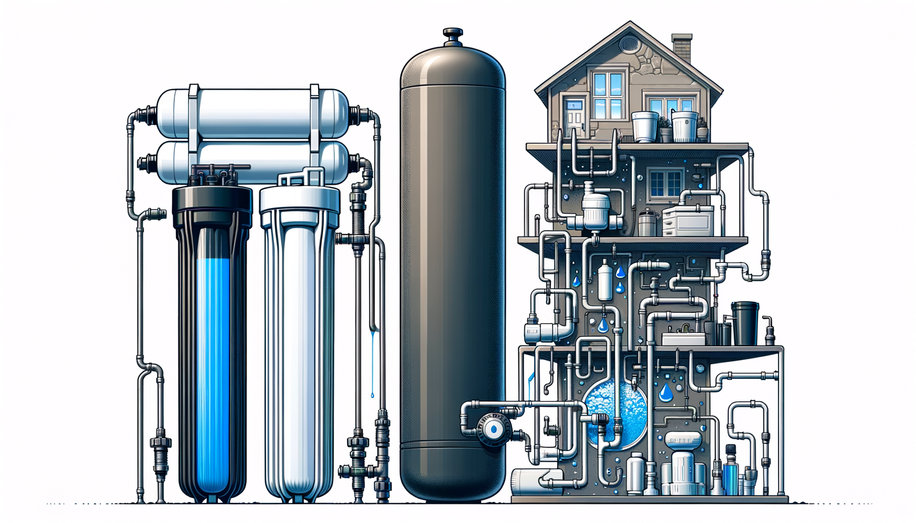 A side-by-side comparison graphic of three water filtration systems effective in Alaska—reverse osmosis, activated carbon, and whole-house—no text or branding.