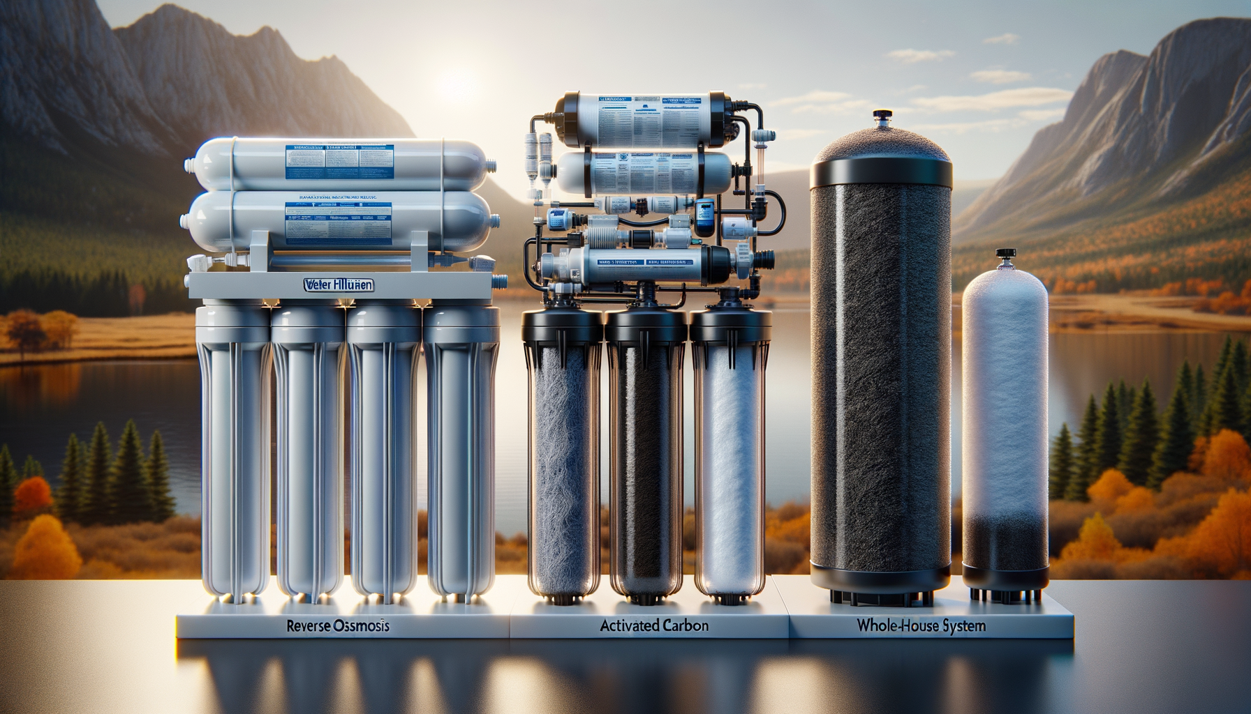 A side-by-side comparison graphic of three water filtration systems effective in New Hampshire—reverse osmosis, activated carbon, and whole-house—no text or branding.