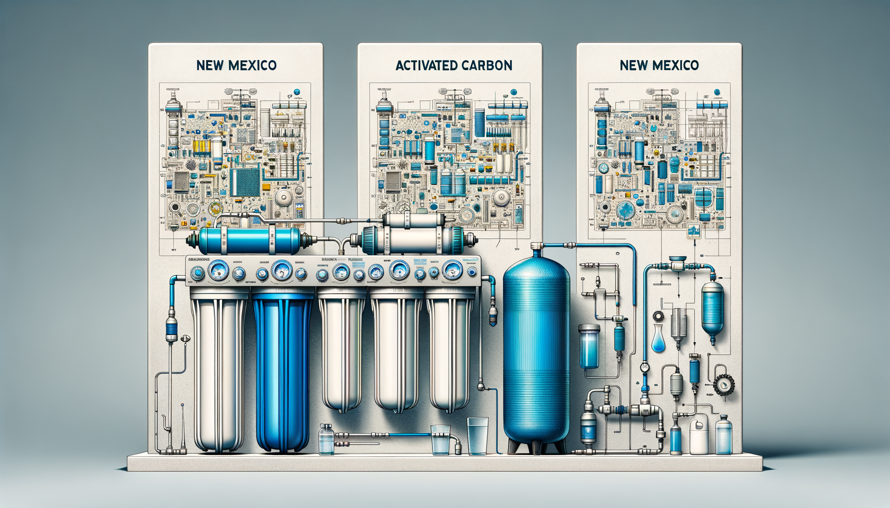 A side-by-side comparison graphic of three water filtration systems effective in New Mexico—reverse osmosis, activated carbon, and whole-house—no text or branding.