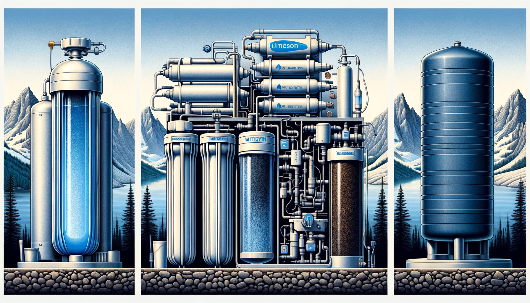 A side-by-side comparison graphic of three water filtration systems effective in Montana—reverse osmosis, activated carbon, and whole-house—no text or branding.