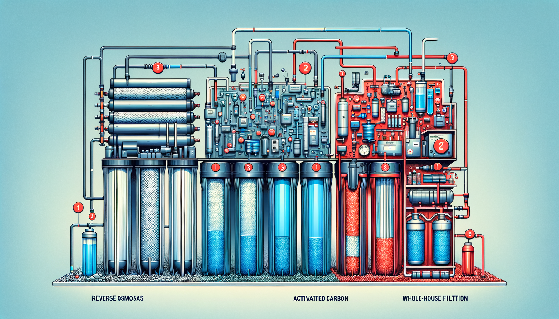 A side-by-side comparison graphic of three water filtration systems effective in Nebraska—reverse osmosis, activated carbon, and whole-house—no text or branding.