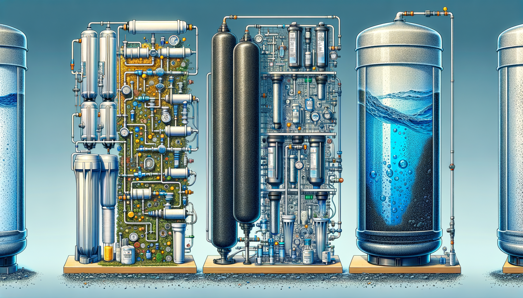 A side-by-side comparison graphic of three water filtration systems effective in Connecticut—reverse osmosis, activated carbon, and whole-house—no text or branding.