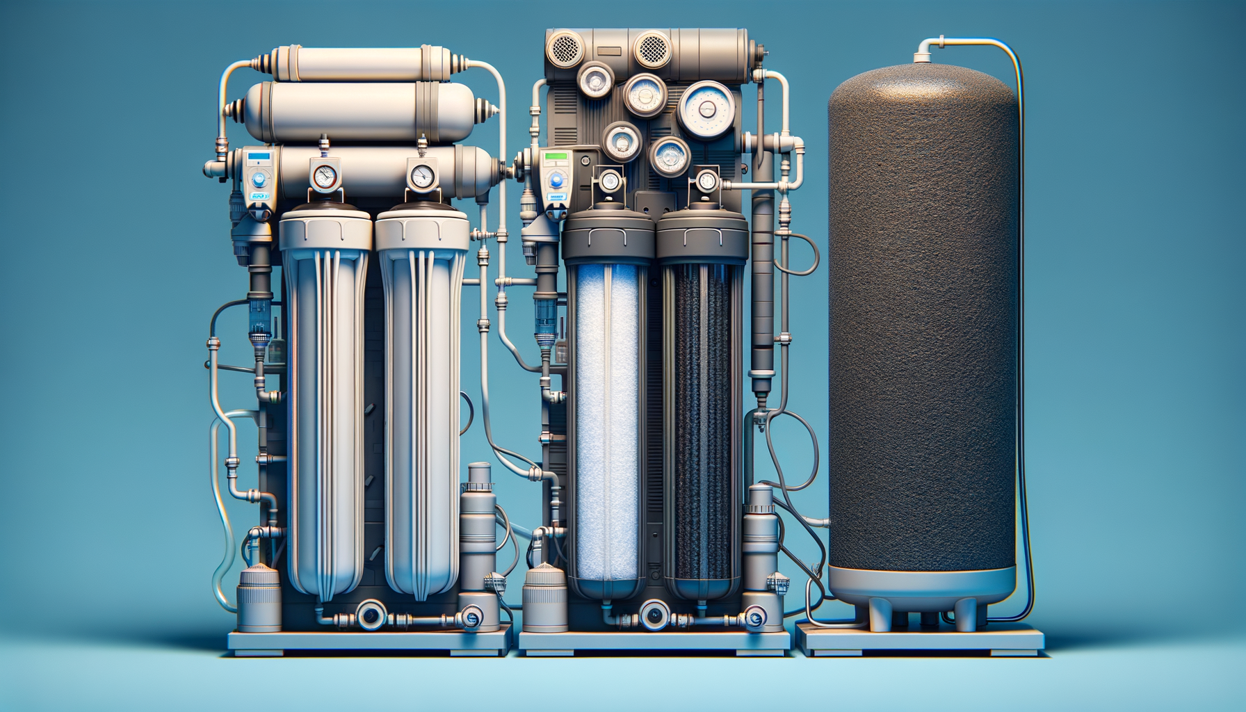 A side-by-side comparison graphic of three water filtration systems effective in Arkansas—reverse osmosis, activated carbon, and whole-house—no text or branding.