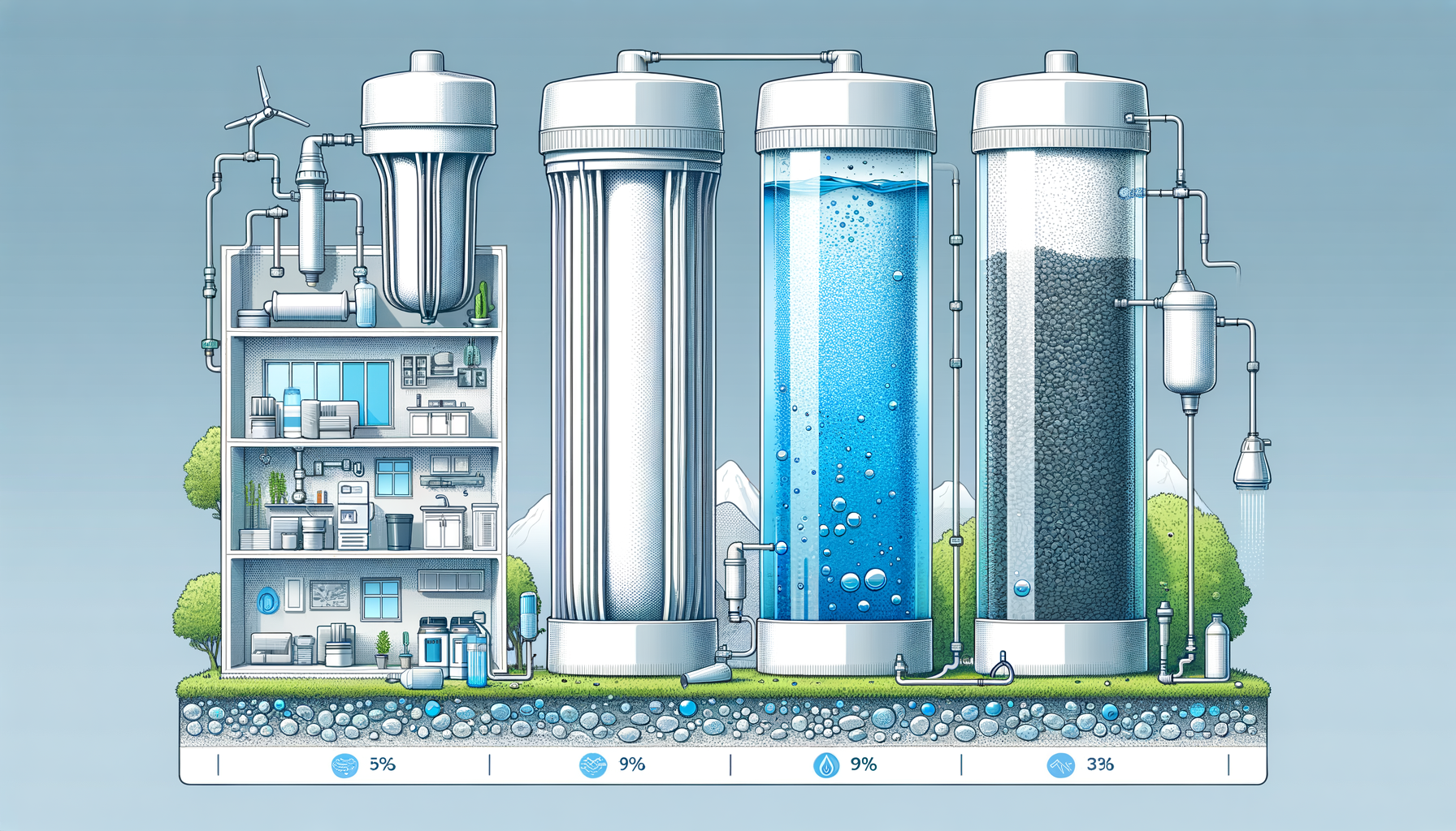 A side-by-side comparison graphic of three water filtration systems effective in New Jersey—reverse osmosis, activated carbon, and whole-house—no text or branding.