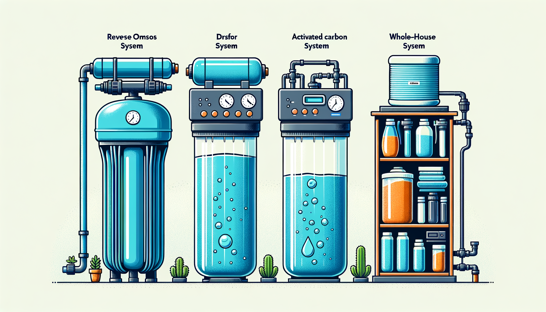 A side-by-side comparison graphic of three water filtration systems effective in Delaware—reverse osmosis, activated carbon, and whole-house—no text or branding.